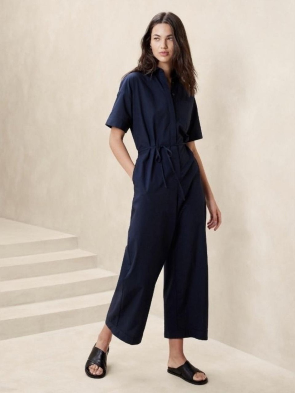 Banana Republic Tie Waist Jumpsuit Size 6 Preppy Navy Blue Wide Legs
